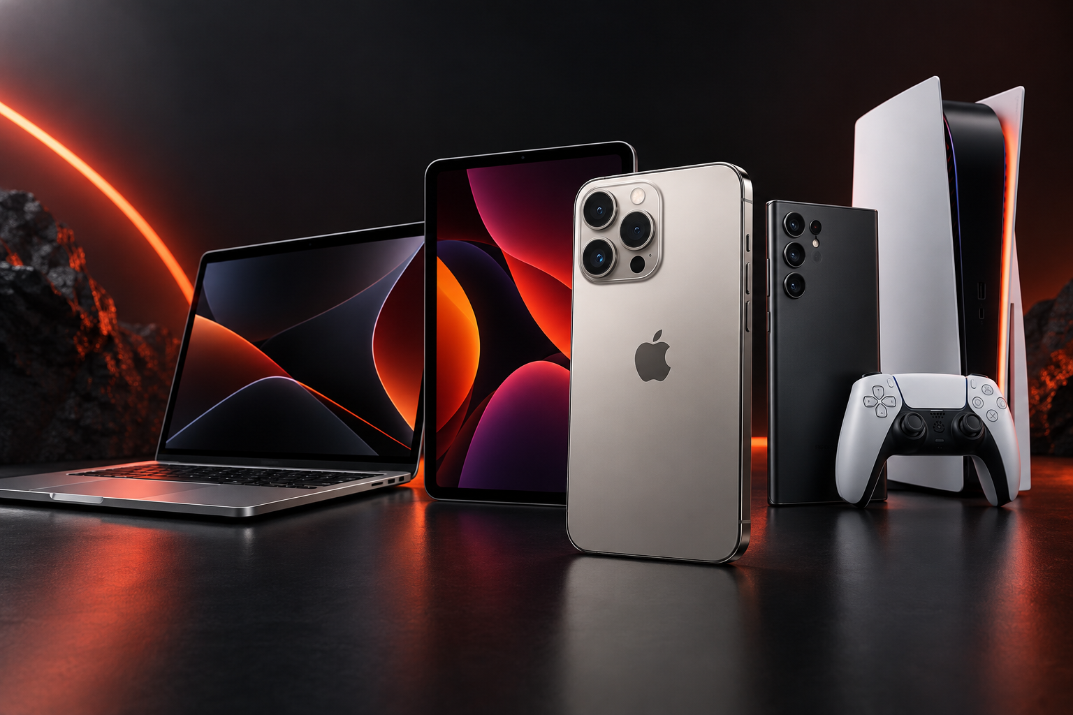 iPhone with Android phone, tablet, laptop, and game console